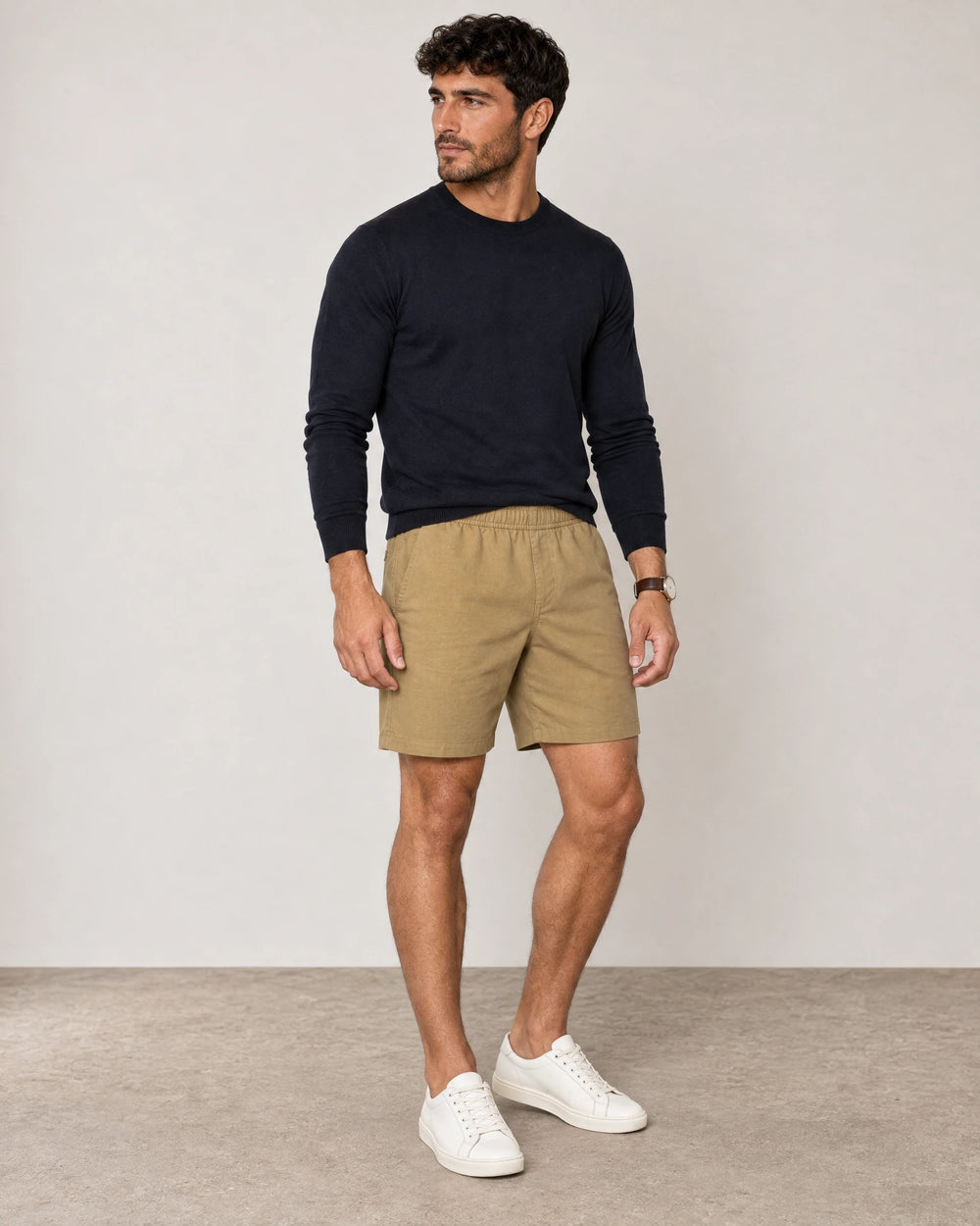 Linen Blend Shorts campaign 01|barley green