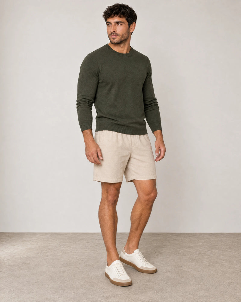 Linen Blend Shorts campaign 01|natural sand