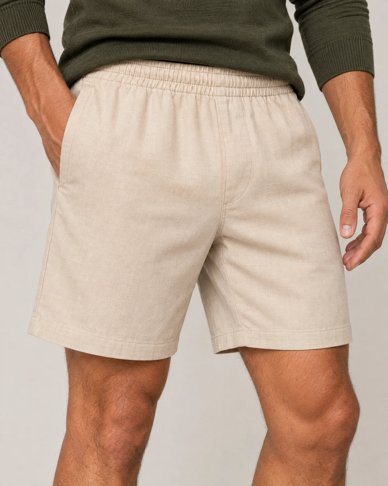 Linen Blend Shorts campaign 03|natural sand