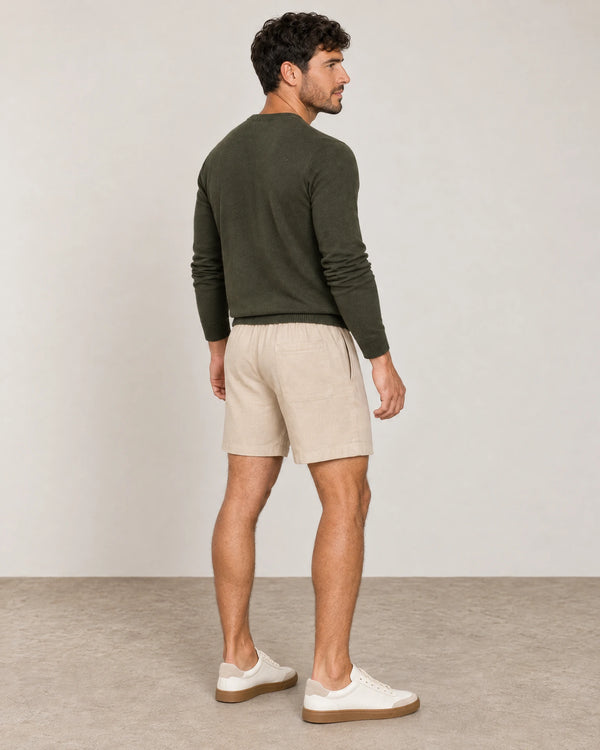 Linen Blend Shorts campaign 04|natural sand
