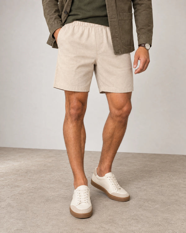 Linen Blend Shorts campaign 05|natural sand
