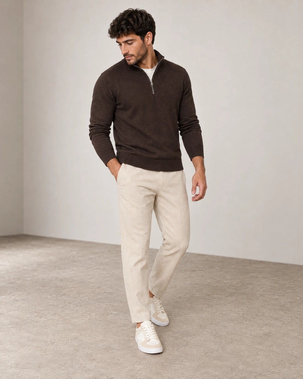 Linen Blend Trouser campaign 06|woven sand