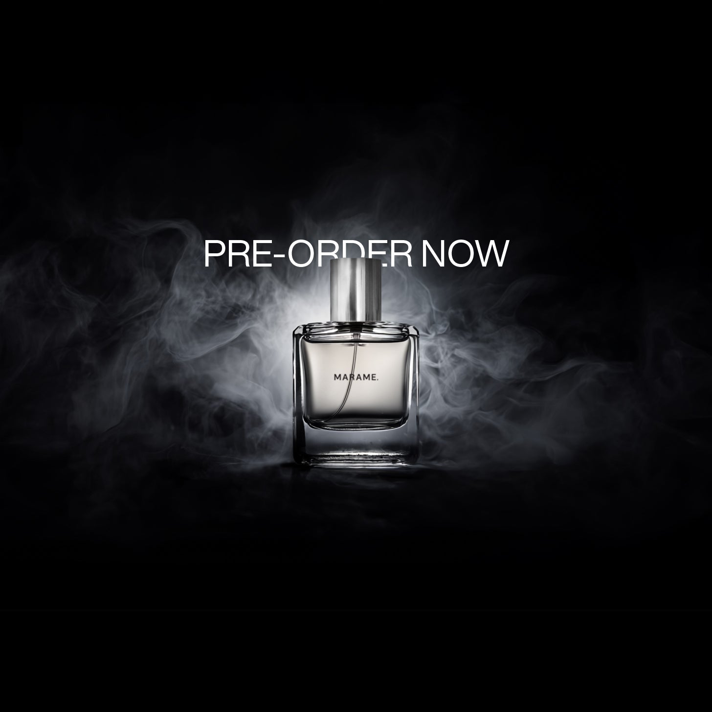 Perfume bottle with 'Pre-Order Now' text on a dark background