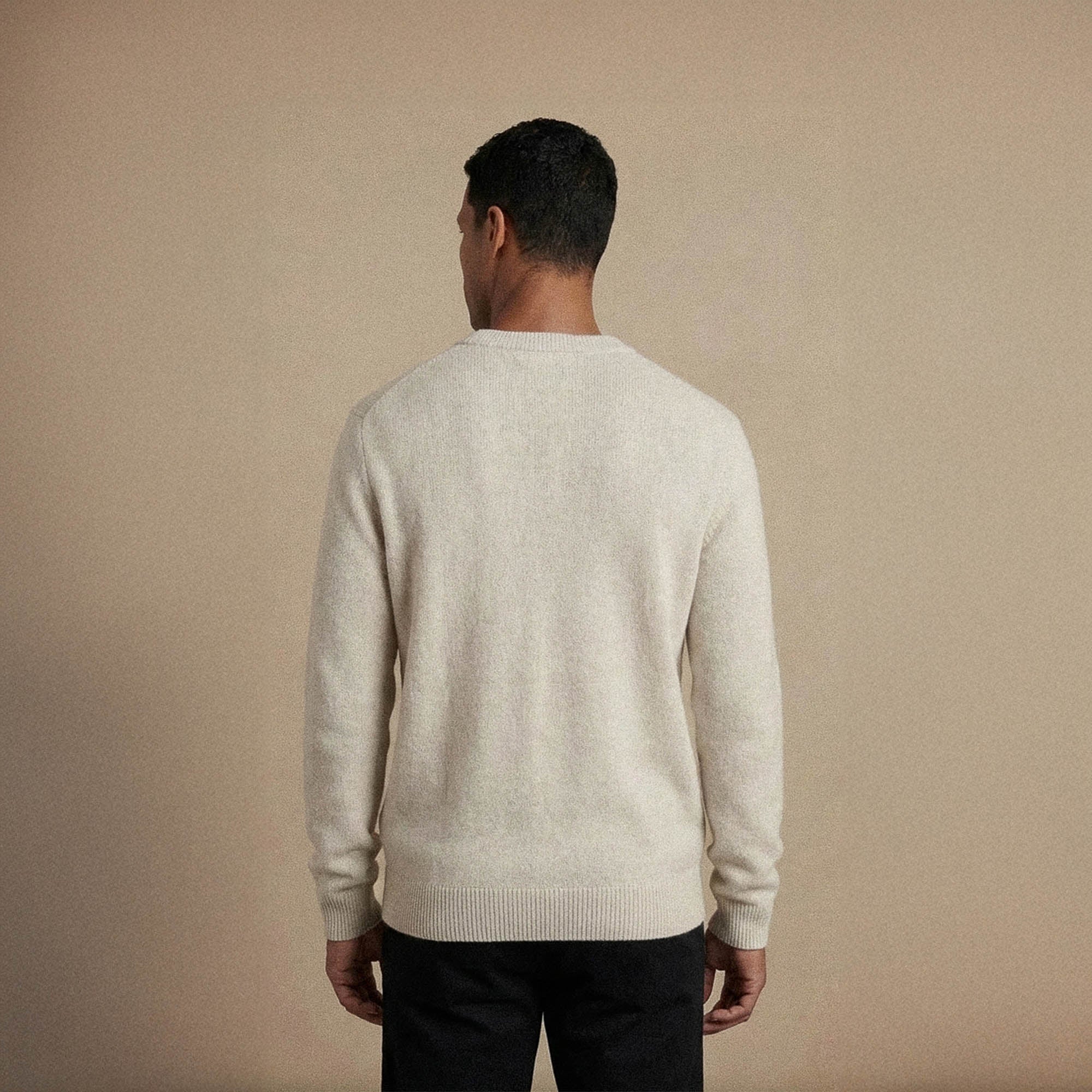 Man wearing a Marame Merino Wool Crew Neck Knit Jumper in back view.|speckled grey