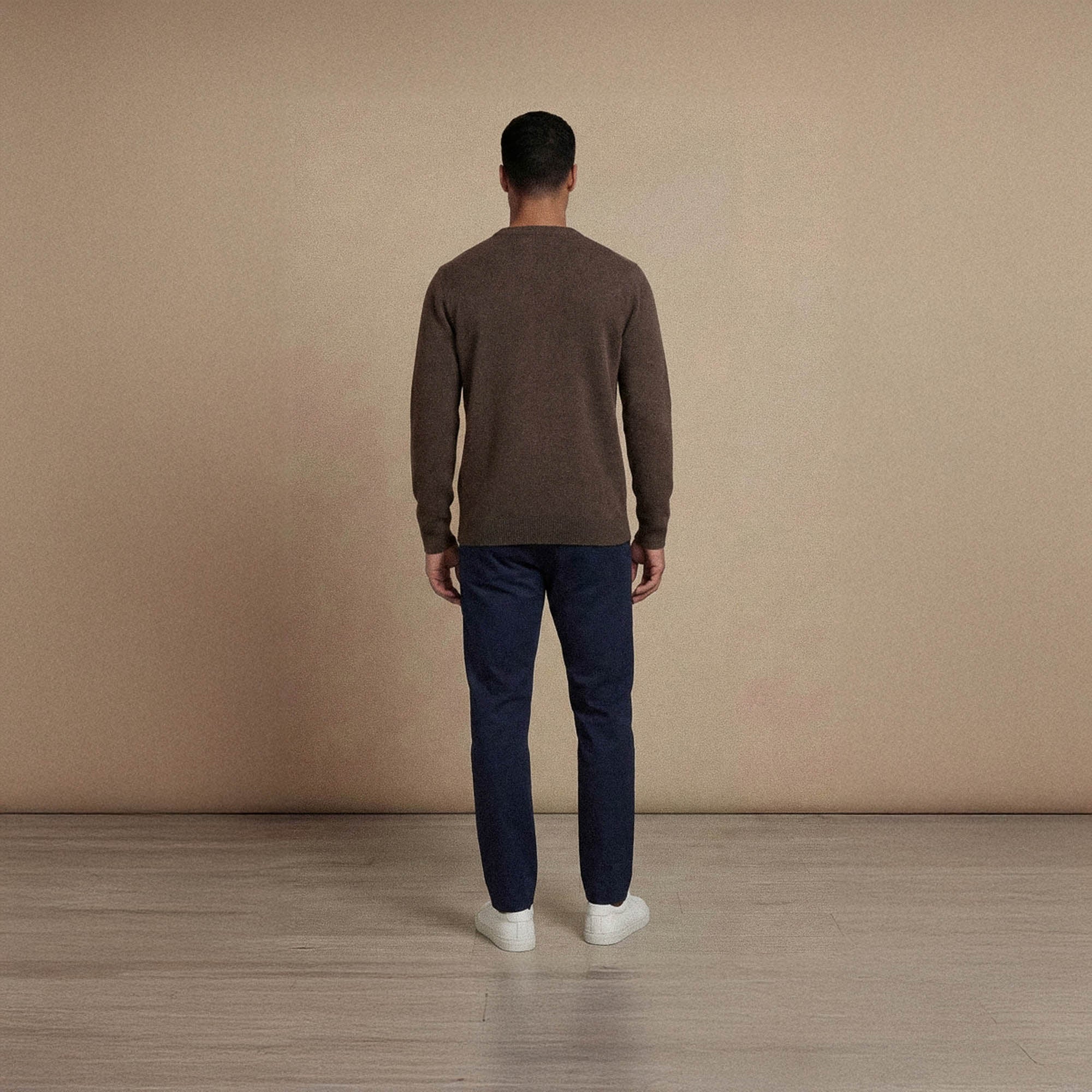 Man wearing a Marame Merino Wool Crew Neck Knit Jumper in back view.|wholemeal
