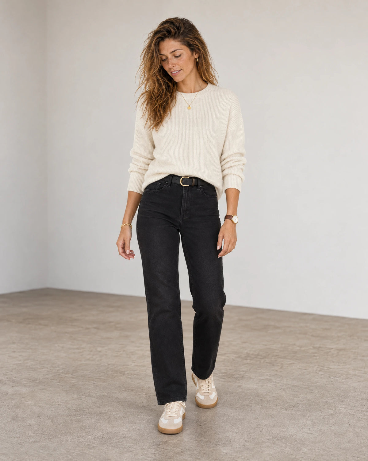 Straight Leg Jeans in Black Wash Denim — full-length autumn look