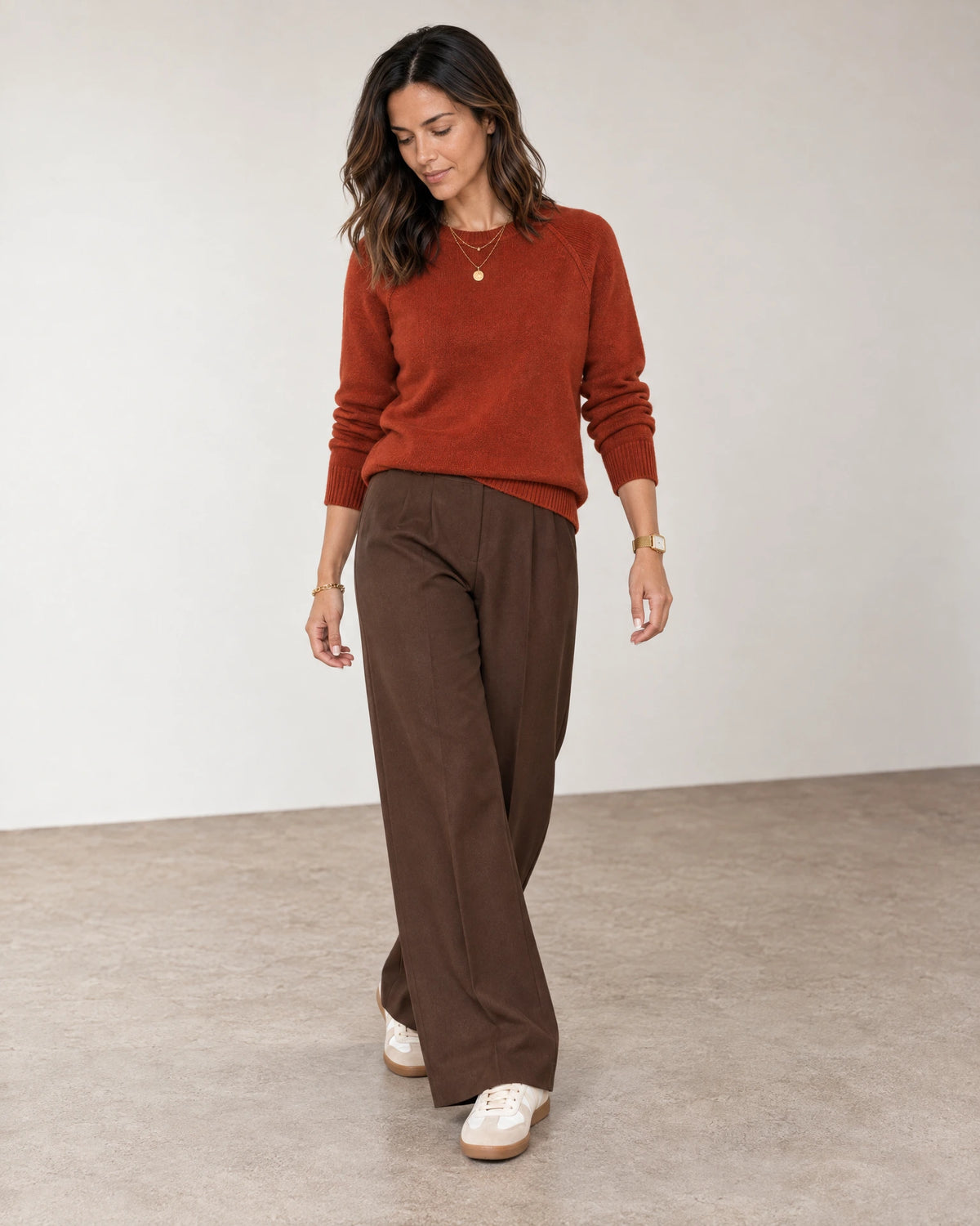 The Laurel Cashmere Blend Jumper in Terracotta — full-length autumn look