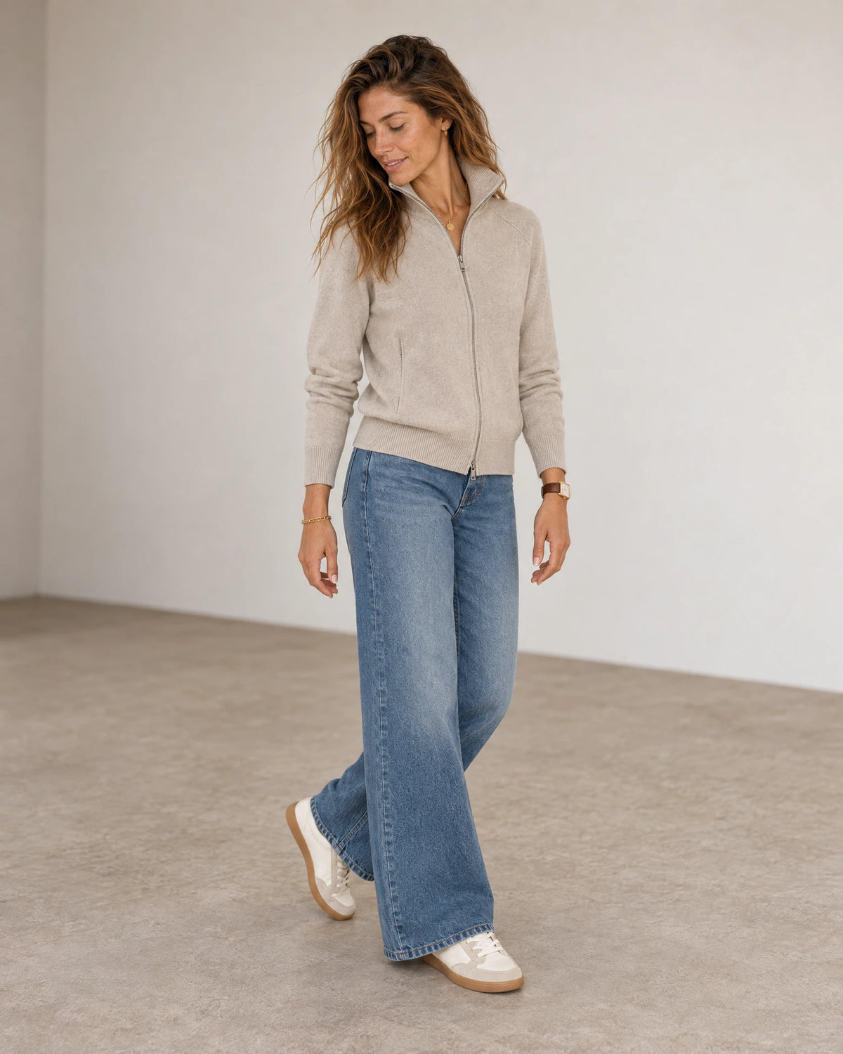 The Varo Knit Funnel Neck in Beige Taupe — full-length autumn look