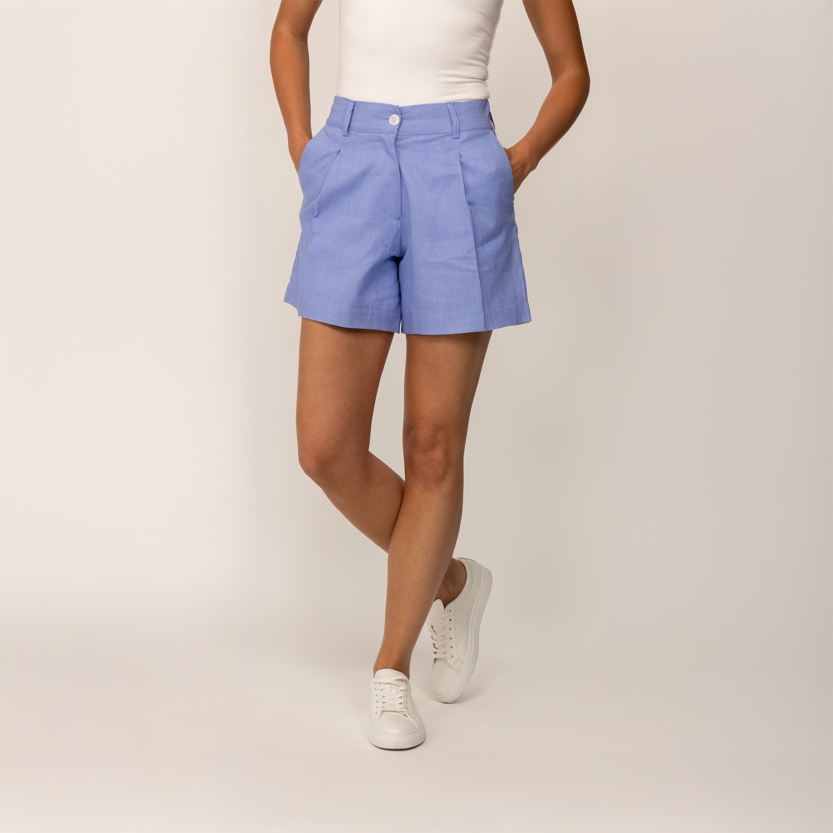 Womens linen shorts in blue violet, front view showing fabric and fit