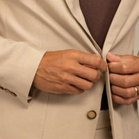 Man wearing a Casual Blazer in Beige, closeup.