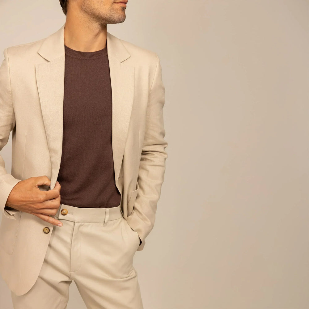 Man wearing a Casual Blazer in Beige, closeup.