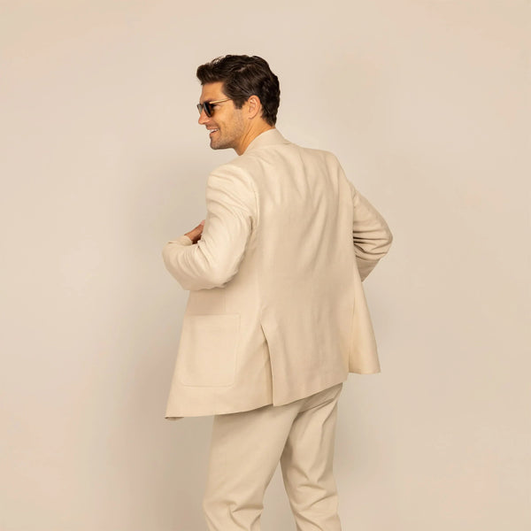 Man wearing a Marame Casual Blazer in Beige, rear view. |beige linen