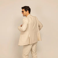 Man wearing a Marame Casual Blazer in Beige, rear view. |beige linen