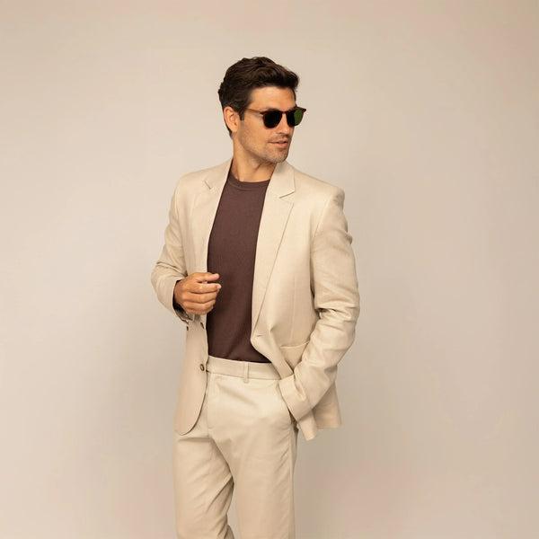 Man wearing a Marame Casual Blazer in Beige, front view. |beige linen