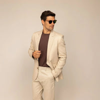 Man wearing a Marame Casual Blazer in Beige, front view. |beige linen