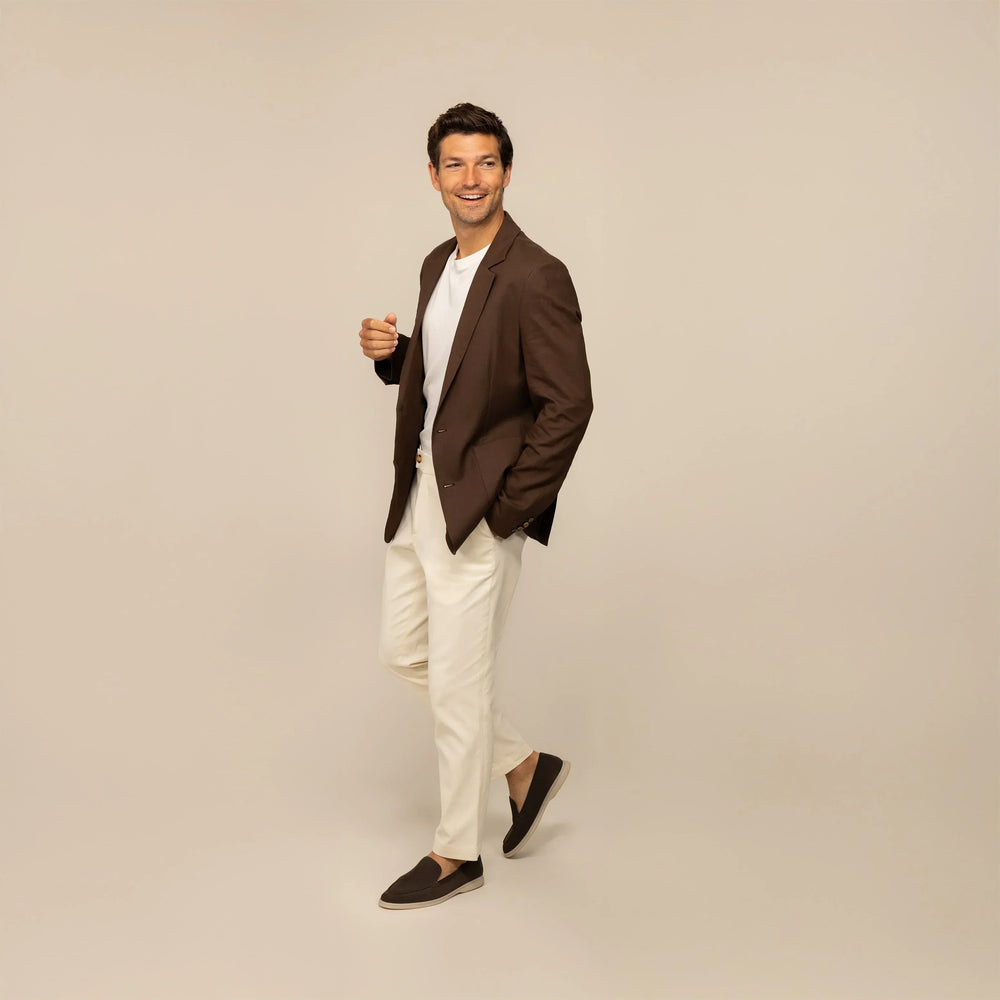 Man wearing a Marame Casual Blazer in Brown Linen, front view.