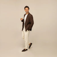 Man wearing a Marame Casual Blazer in Brown Linen, front view.