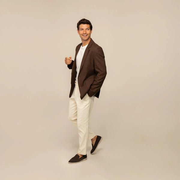Man wearing a Marame Casual Blazer in Brown Linen, front view. |brown linen