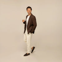 Man wearing a Marame Casual Blazer in Brown Linen, front view. |brown linen