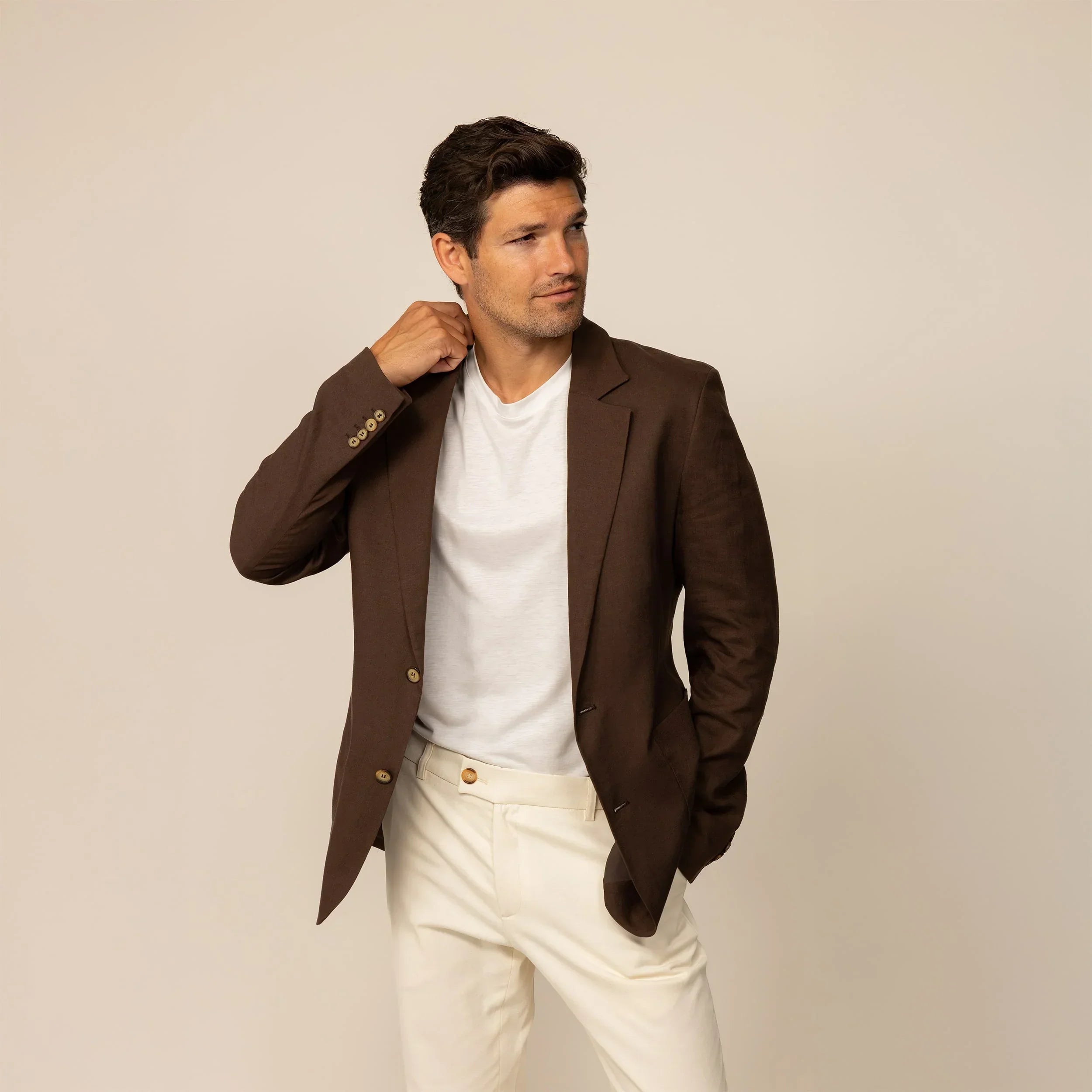 Man wearing a Marame Casual Blazer in Brown Linen, front view. |brown linen