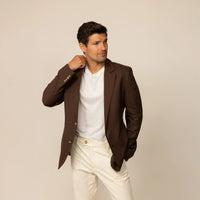 Man wearing a Marame Casual Blazer in Brown Linen, front view. |brown linen