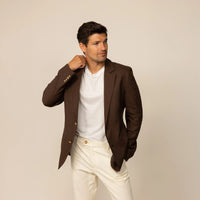 Man wearing a Marame Casual Blazer in Brown Linen, front view.