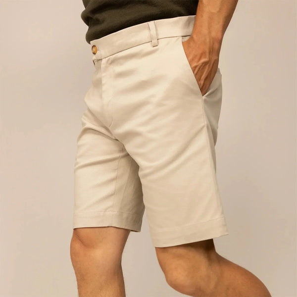 Man wearing Chino Shorts in Almond Taupe, front view.