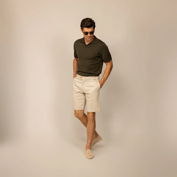 Man wearing Chino Shorts in Almond Taupe, front view.