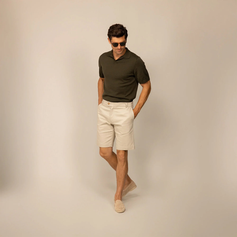 Man wearing Chino Shorts in Almond Taupe, front view.