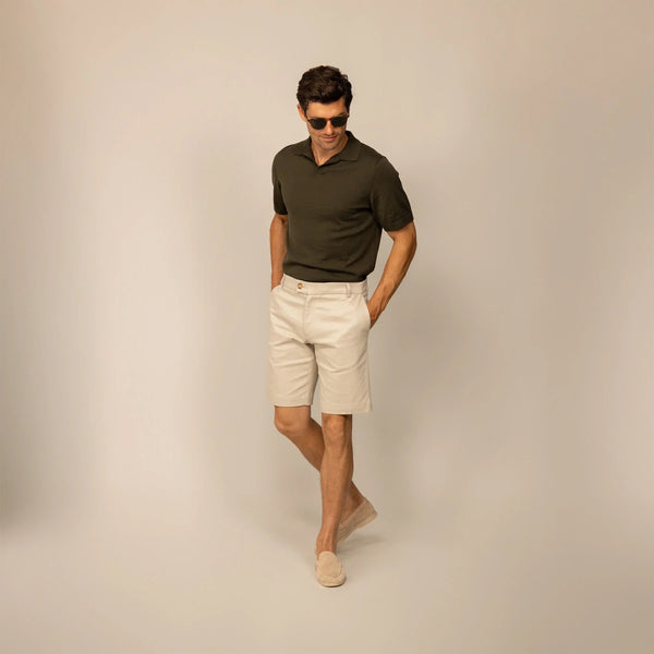 Man wearing Chino Shorts in Almond Taupe, front view. |almond taupe