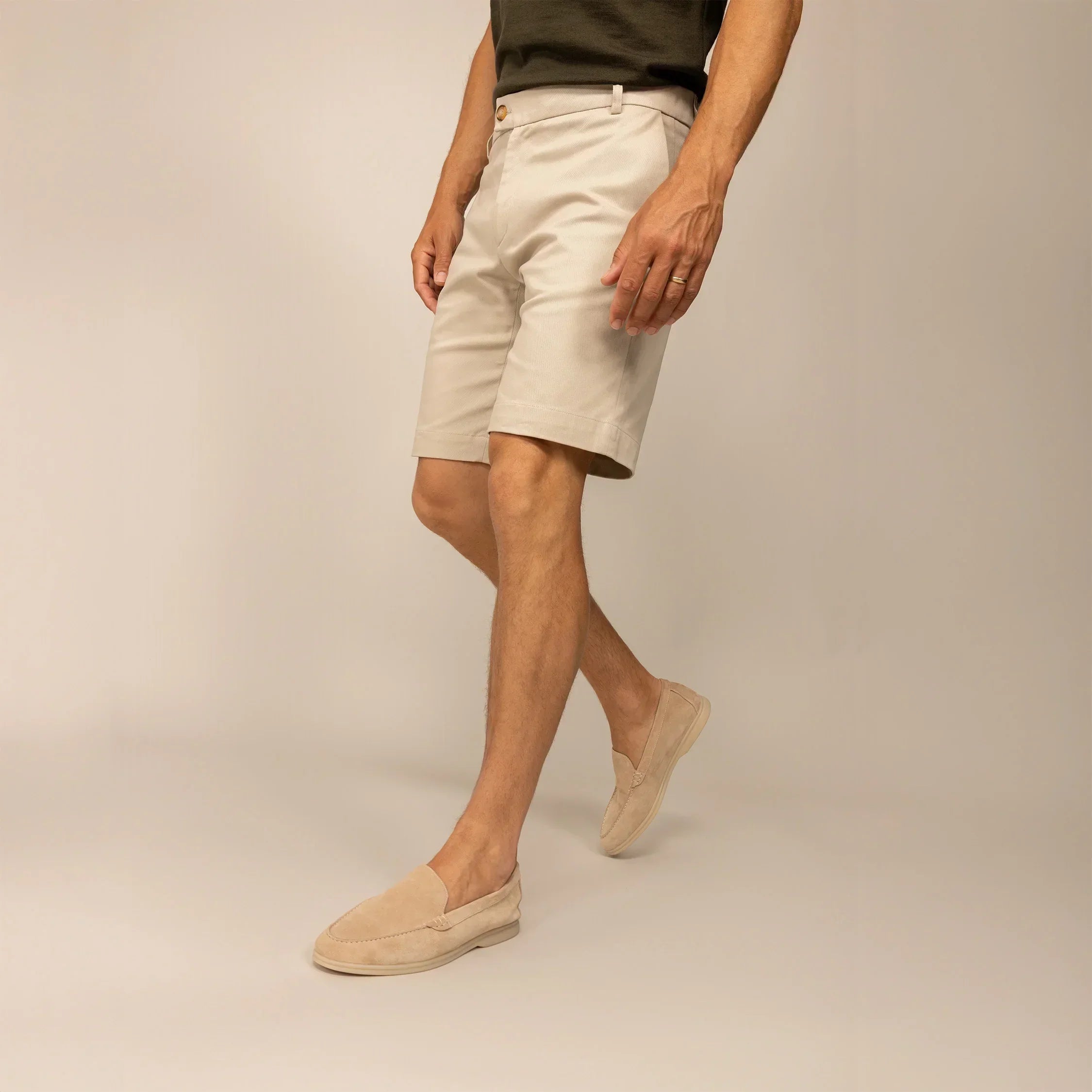 Man wearing Chino Shorts in Almond Taupe, front view. |almond taupe