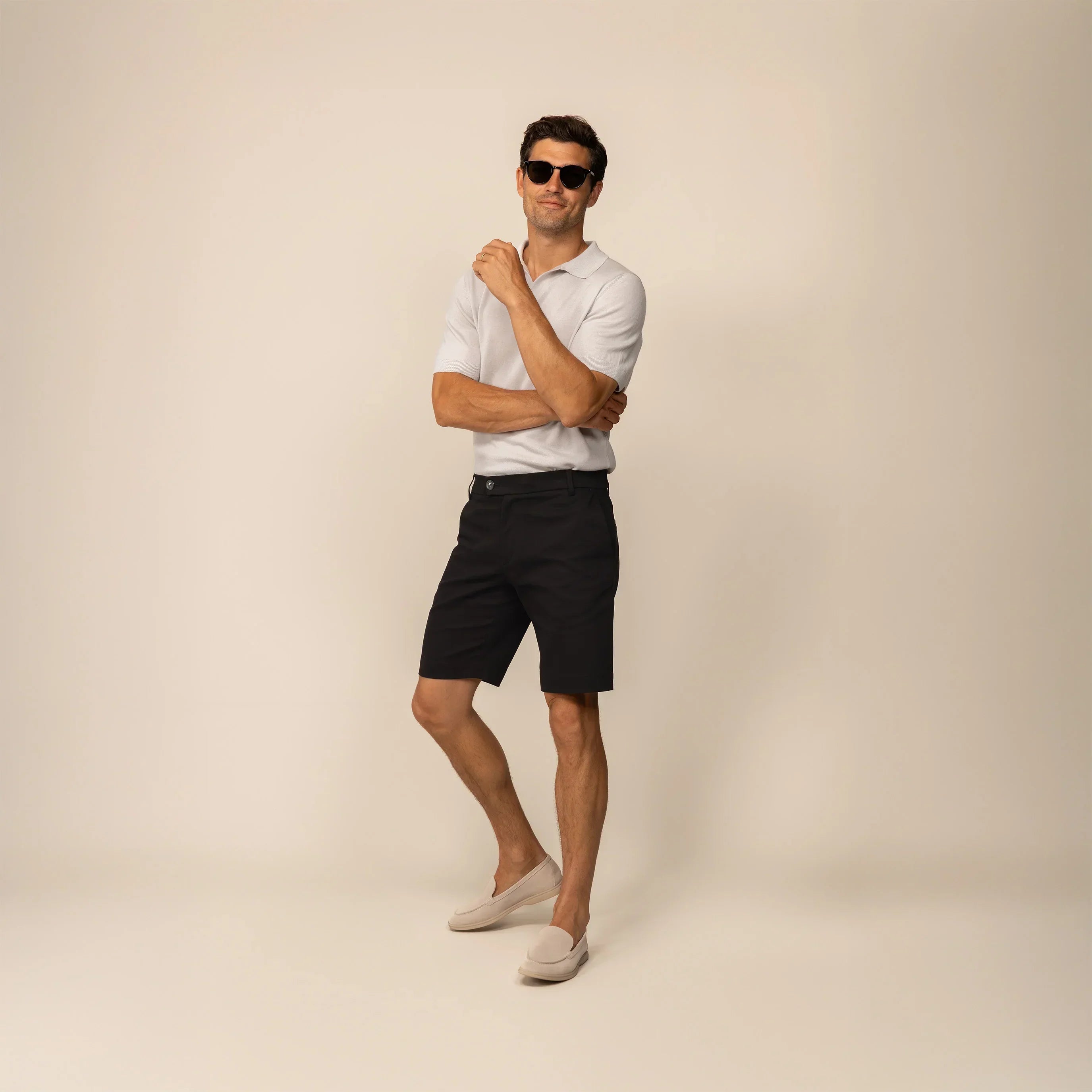 Man wearing Chino Shorts in Black, front view. |black