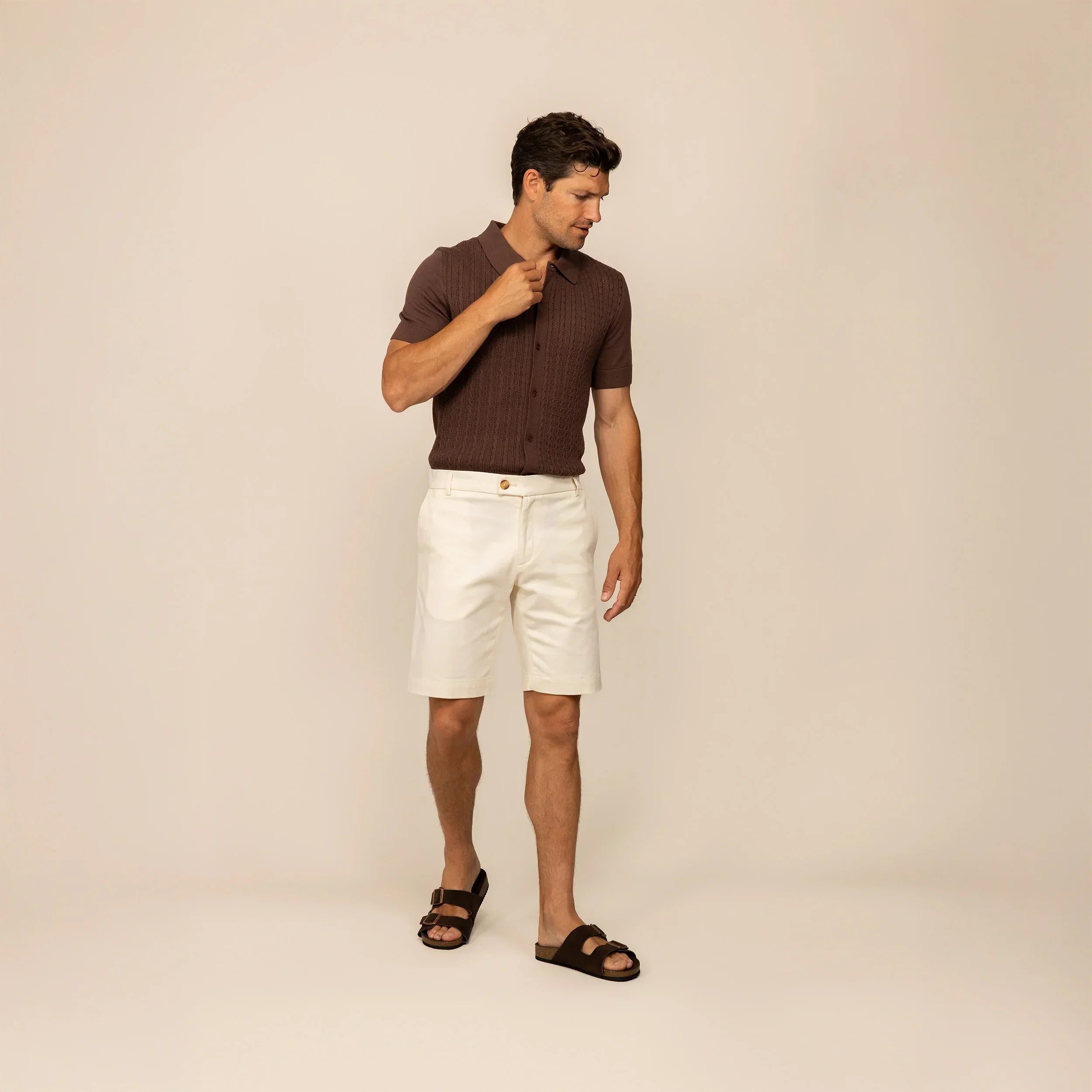 Man wearing Chino Shorts in Ivory Stone, front view. |ivory stone