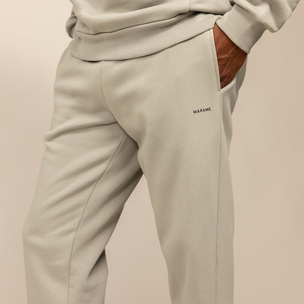 Man wearing Cotton Fleece Joggers in Wolf Grey, closeup.
