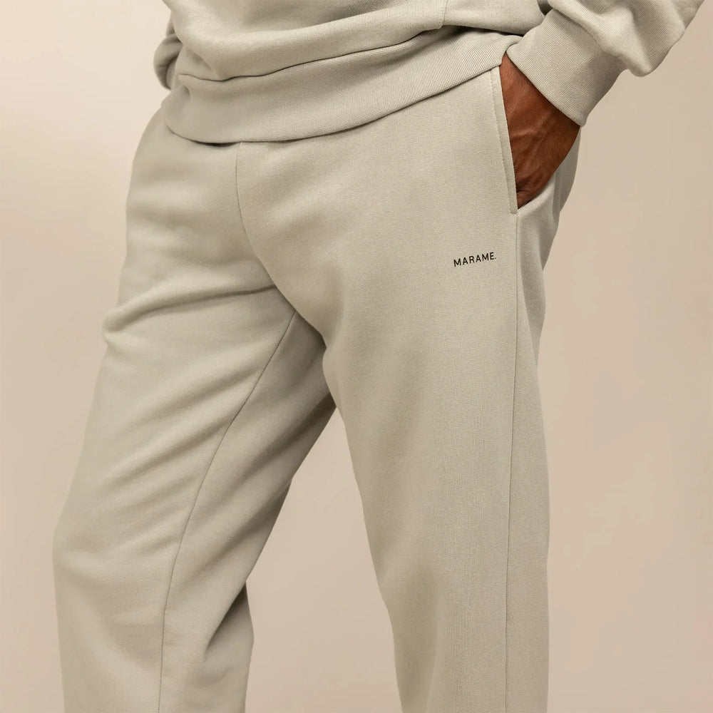 Man wearing Cotton Fleece Joggers in Wolf Grey, closeup.