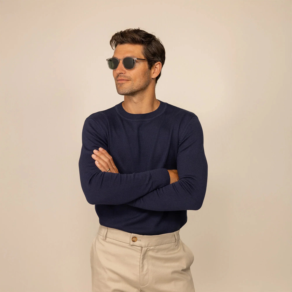 Man wearing a Marame Fine Knit Crew Neck Jumper in Navy, front view. |navy