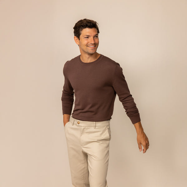 Man wearing a Fine Knit Crew Neck Jumper in Conker Brown, front view.