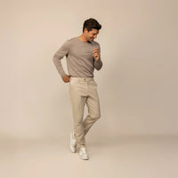 Man wearing a Fine Knit Crew Neck Jumper in Putty Dove, front view. |putty dove