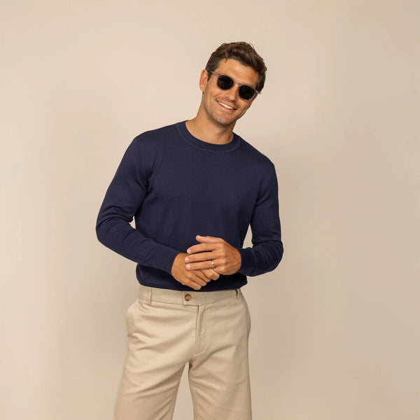 Man wearing a Marame Fine Knit Crew Neck Jumper in Navy, front view. |navy