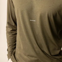 Man wearing a Long Sleeve Logo T-Shirt in Olive, closeup. |olive