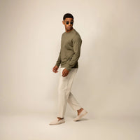 Man wearing a Marame Long Sleeve Logo T-Shirt in Olive, front view. |olive