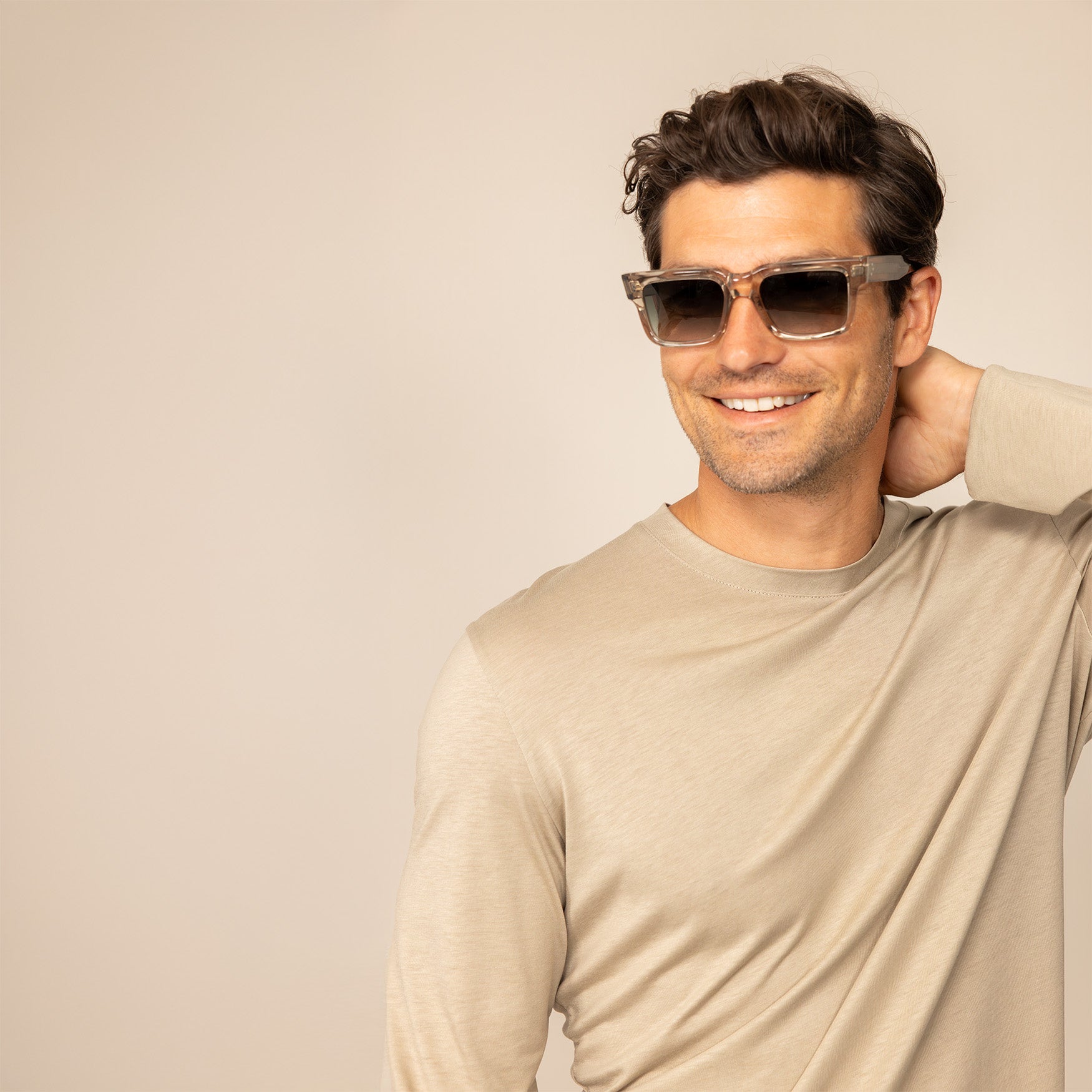 Man wearing a Long Sleeve Lyocell Blend T-Shirt in Canyon Clay, front view.