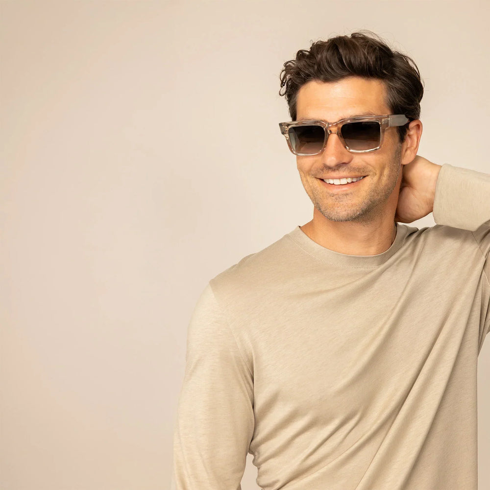 Man wearing a Long Sleeve Lyocell Blend T-Shirt in Canyon Clay, front view.