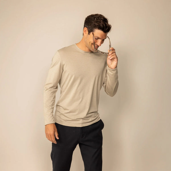 Man wearing a Long Sleeve Lyocell Blend T-Shirt in Canyon Clay, front view.