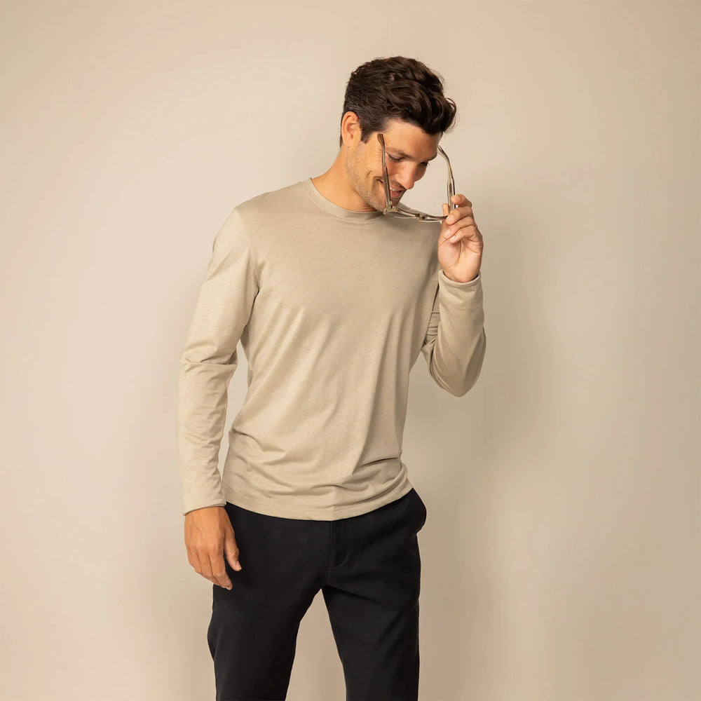Man wearing a Long Sleeve Lyocell Blend T-Shirt in Canyon Clay, front view.