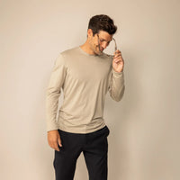 Man wearing a Long Sleeve Lyocell Blend T-Shirt in Canyon Clay, front view.