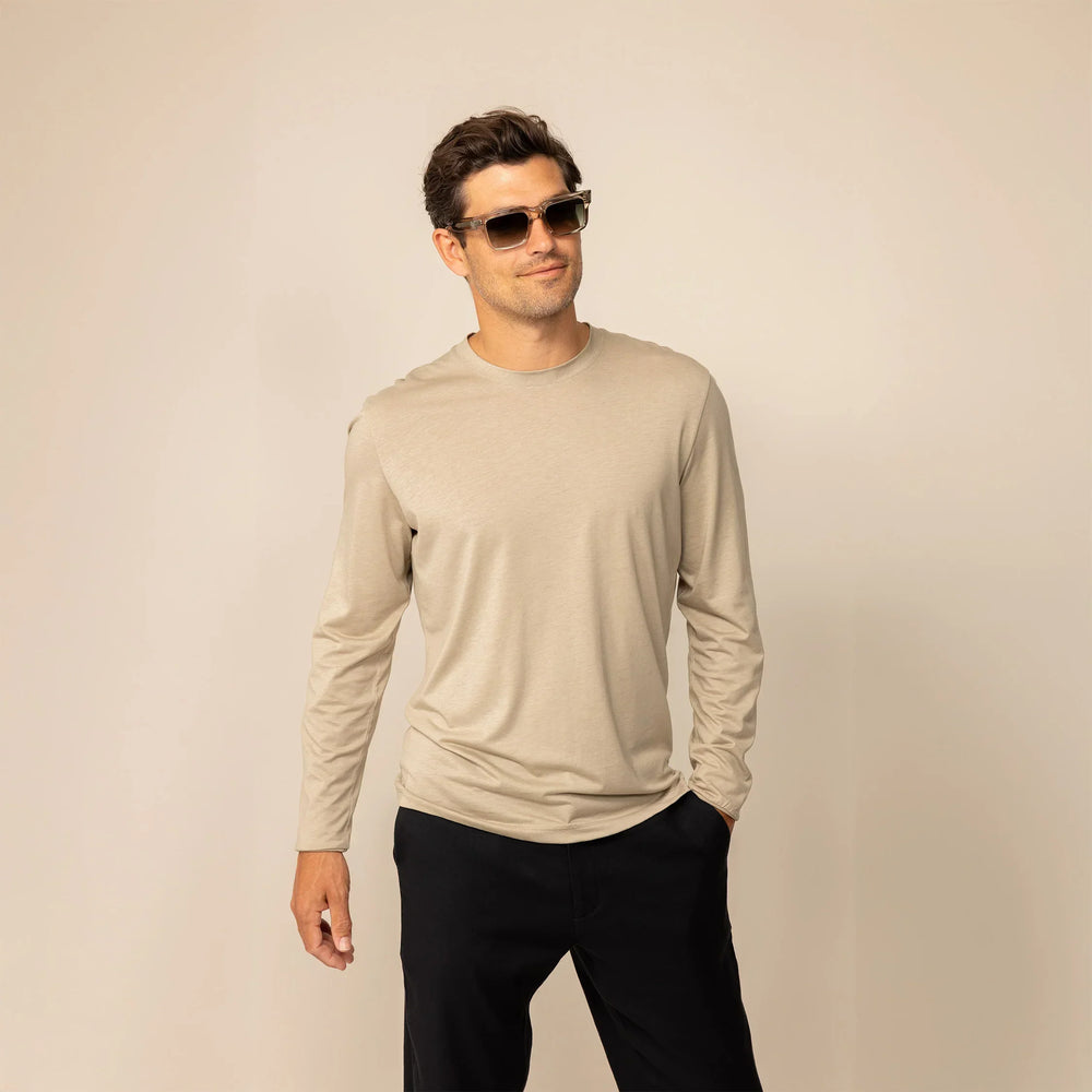 Man wearing a Long Sleeve Lyocell Blend T-Shirt in Canyon Clay, front view.