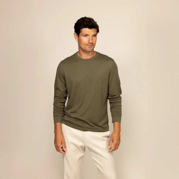 Man wearing a Long Sleeve Lyocell Blend
T-Shirt in Olive, front view.
