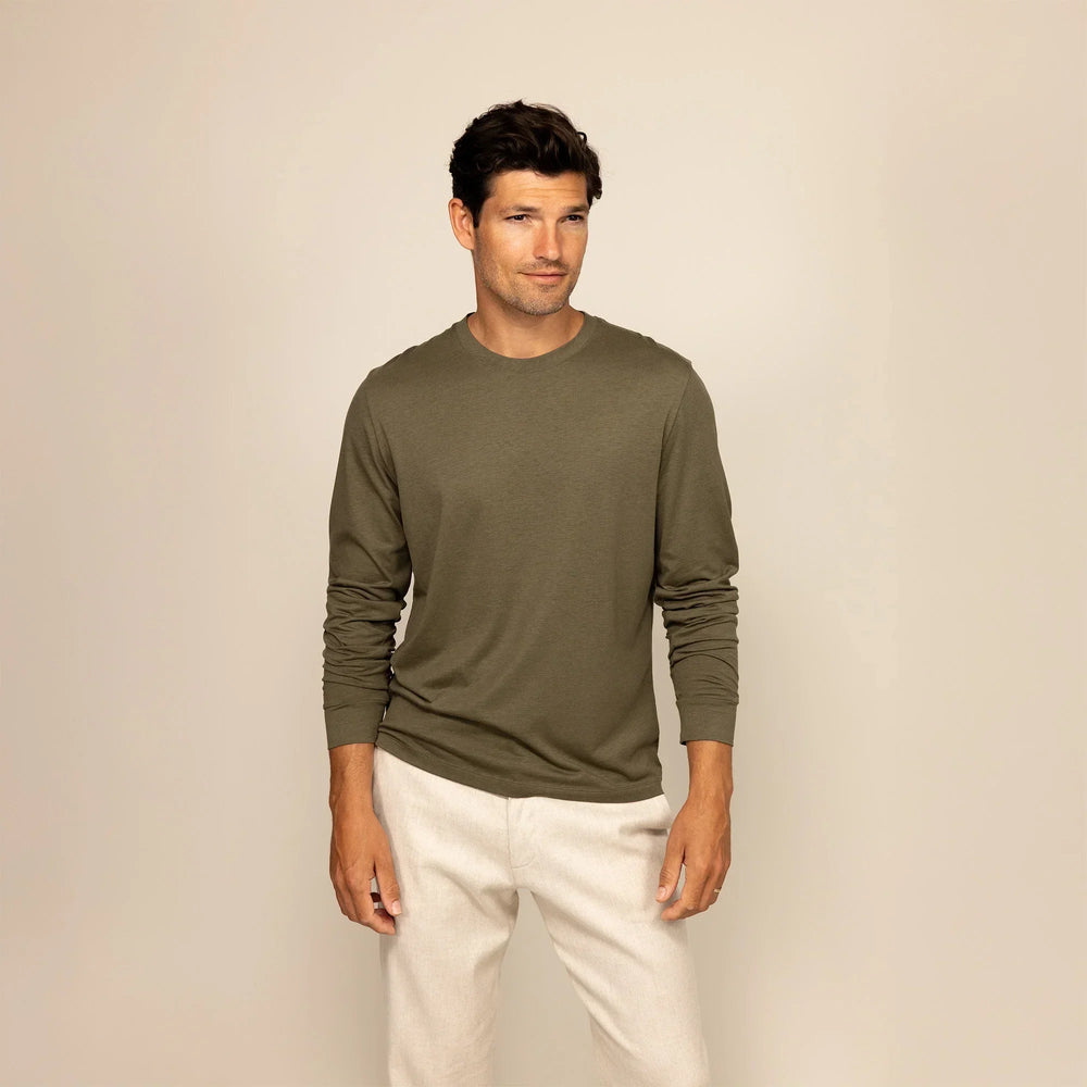 Man wearing a Long Sleeve Lyocell Blend T-Shirt in Olive, front view. |Olive