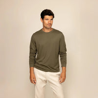 Man wearing a Long Sleeve Lyocell Blend T-Shirt in Olive, front view. |Olive